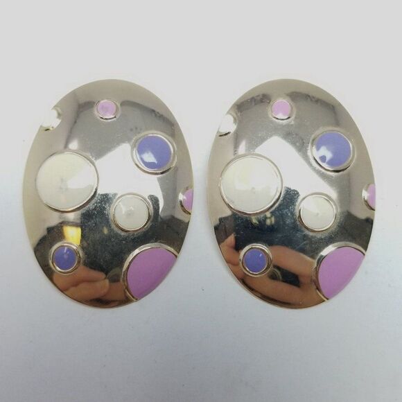 Vintage Pastel Polka Dot Oval Stud Earrings, Pink Purple Enamel, Retro 80s Style - Picture 2 of 6